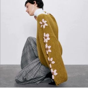 Zara Mohair Wool Blend Sweater Pink Floral Embroidery Down Sleeve